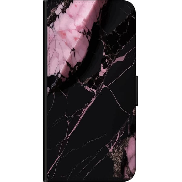 Kompatibel Tegnebogsetui til OnePlus 9 Pro Sort og lyserødt marmormønster med kraftige kontraster, skarpe revnelinjer og poleret stenæstetik