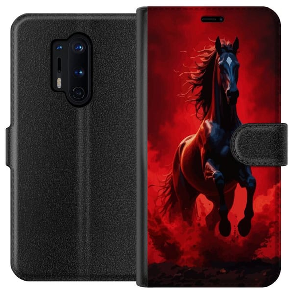 Yhteensopiva Lompakkokotelo OnePlus 8 Pro Voimakas musta hevonen punaisissa pilvissä ja pölyssä dramaattisessa valaistuksessa