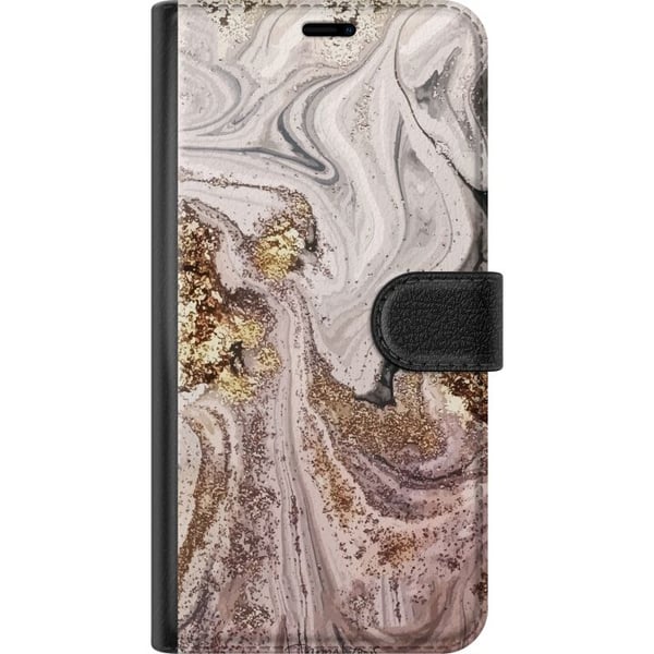 Kompatibel Tegnebogsetui til OnePlus 8 Pro Beige marmor med guldglimmerstruktur, elegant design med luksuriøs følelse, perfekt til moderne stil