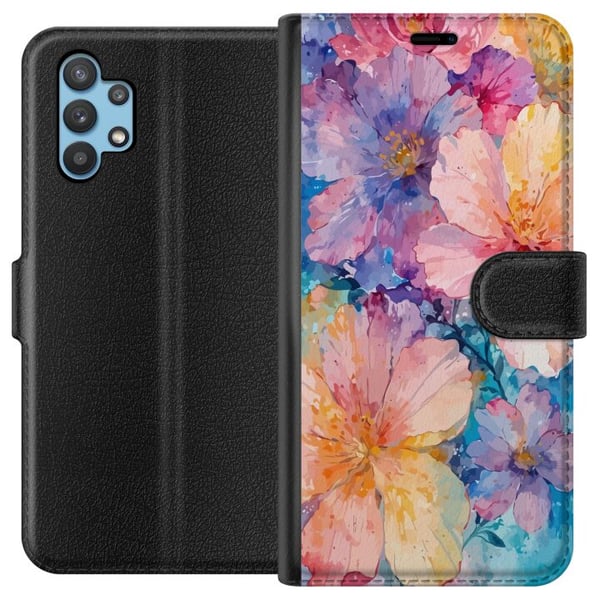 Kompatibelt Plånboksfodral till Samsung Galaxy A32 5G Akvarellmålning med stora blommor i rosa blå och gula toner i mjuk konstnärlig stil Kompatibelt Plånboksfodral till Samsung Galaxy A32 5G Akvarellmålning med stora blommor i rosa blå och gula toner i mjuk konstnärlig stil