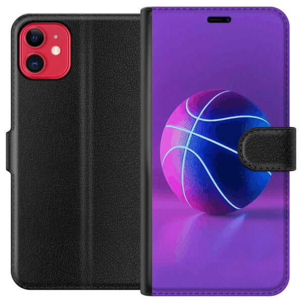 Kompatibelt Plånboksfodral till Apple iPhone 11 Basket ball poster neon basketboll sport glowing purple blue retro court athlete sports design art