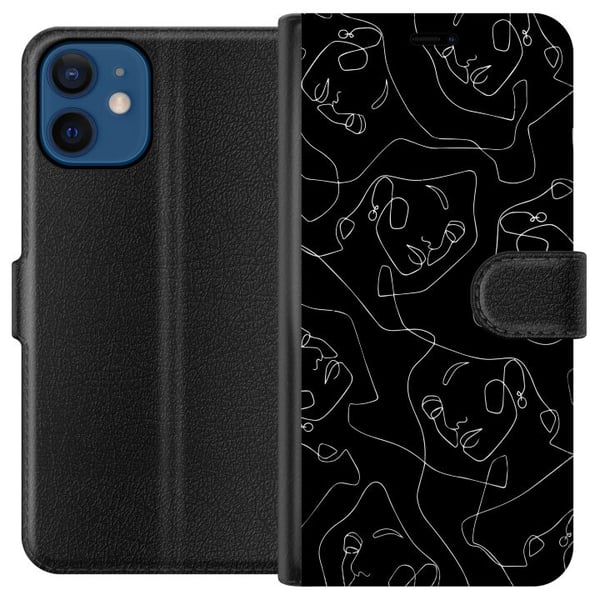 Kompatibelt Lommeboketui til Apple iPhone 12 Abstrakte ansikter strekunst i hvitt på mørk bakgrunn moderne minimalistisk stil for kunstelskere