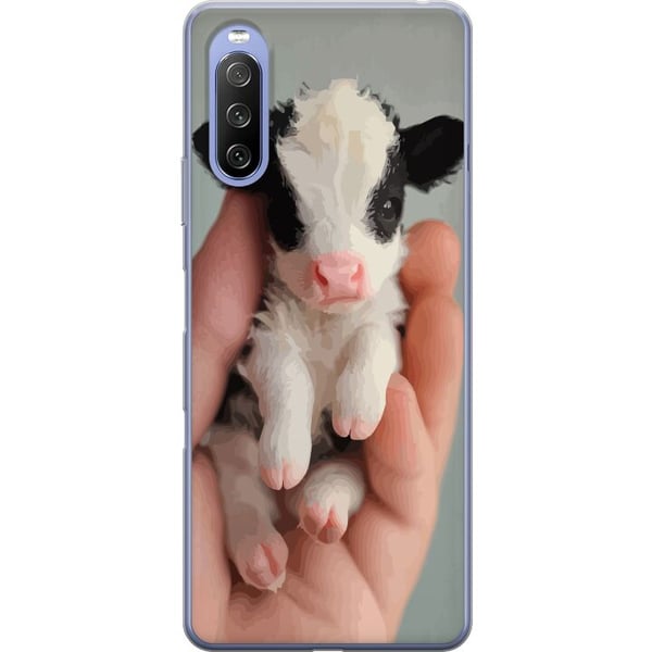 Kompatibel Mobilcover til Sony Xperia 10 III Nyfødt lille kalv i hånden med lyserød mule, blød pels og et sødt udtryk, charmerende naturmotiv, perfek