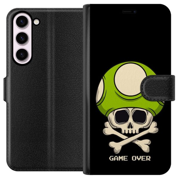 Kompatibel Tegnebogsetui til Samsung Galaxy S23+ Spilinspireret motiv med dødningehoved og grøn svamp i retrostil med teksten game over