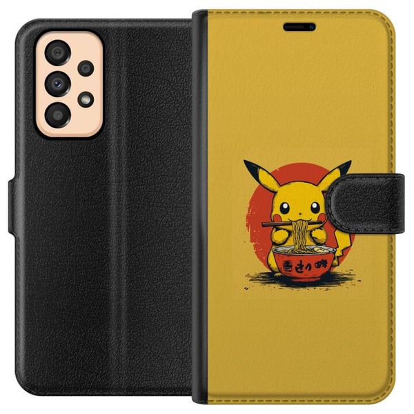 Kompatibelt Plånboksfodral till Samsung Galaxy A33 5G Pikachu som äter ramen i japansk animeinspirerad stil mot gul bakgrund ett roligt modernt motiv
