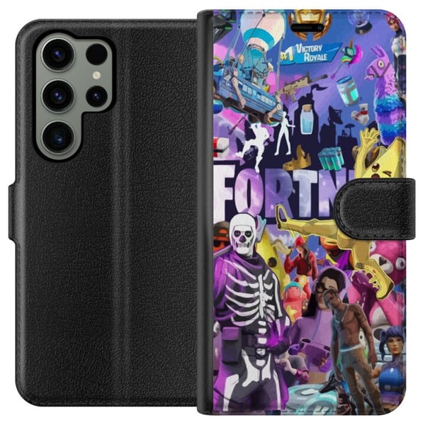 Kompatibel Tegnebogsetui til Samsung Galaxy S23 Ultra Fortnite-collage med Banana Peely Battle Bus og skins farverigt gamingmotiv