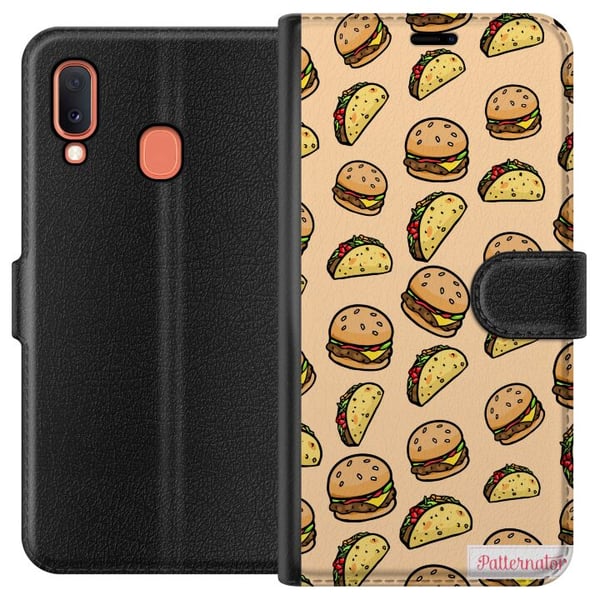 Kompatibelt Plånboksfodral till Samsung Galaxy A20e Färgglad cartoon design med hamburgare tacos smält ost sallad krispiga skal och roliga figurer pe Kompatibelt Plånboksfodral till Samsung Galaxy A20e Färgglad cartoon design med hamburgare tacos smält ost sallad krispiga skal och roliga figurer pe