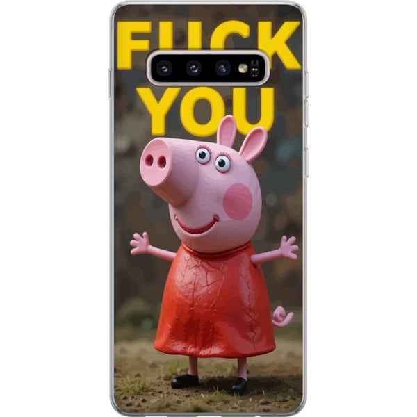 Kompatibel Mobilcover til Samsung Galaxy S10+ Sød tegnet grisefigur, der ligner Peppa Pig, i pink med trodsig positur og tydelig tekst i gult, humori