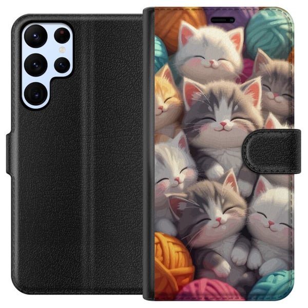 Yhteensopiva Lompakkokotelo Samsung Galaxy S22 Ultra 5G Nukkuvia kissanpentuja kerällä värikkäiden lankakerien keskellä pehmeässä kuvituksessa