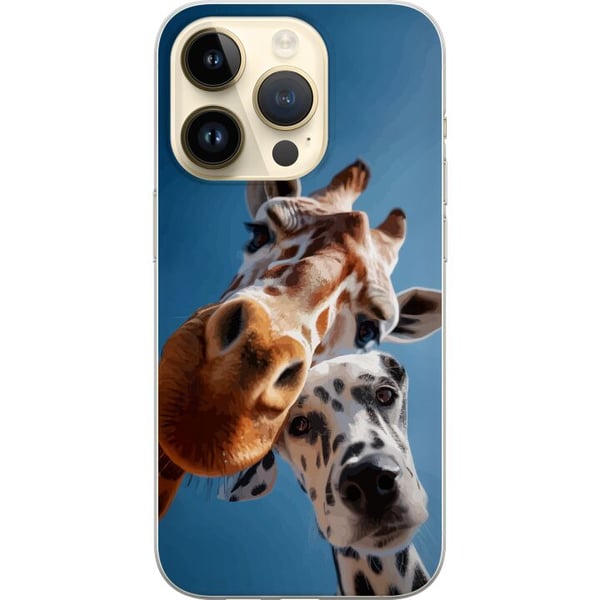 Kompatibelt Mobilskal till Apple iPhone 14 Pro Giraffe Dalmatian Duo motiv med rolig närbild på giraff och dalmatiner i soligt perspektiv