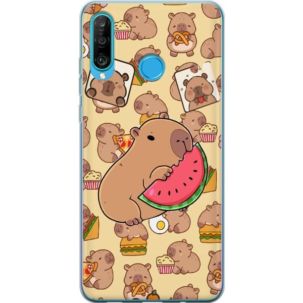 Kompatibelt Mobilskal till Huawei P30 lite Capybara Snack Tid Söta capybaror njuter av vattenmelon pizza och popcorn i en varm och lekfull design som