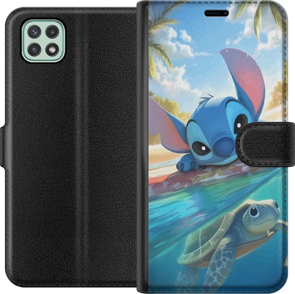 Yhteensopiva Lompakkokotelo Samsung Galaxy A22 5G Stitch kilpikonnalla - söpö sininen avaruusolento trooppisessa rantaympäristössä Disneyn tapaan