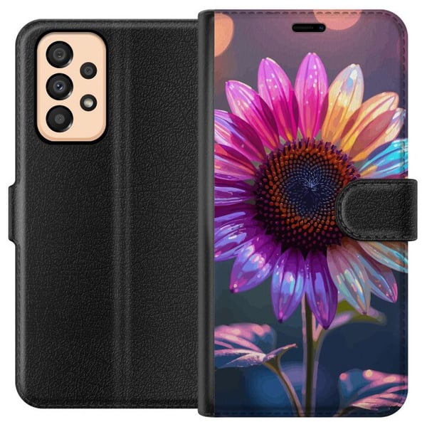 Kompatibel Tegnebogsetui til Samsung Galaxy A33 5G Skinnende iriserende blomst i rosa, lilla og guld mod blød bokeh og lysspil