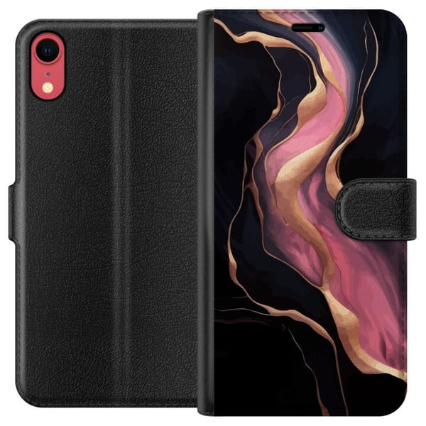 Kompatibel Tegnebogsetui til Apple iPhone XR Abstrakte bølger i sort med lyserøde striber og guldfarvede kanter som flydende marmor mod en mørk baggr