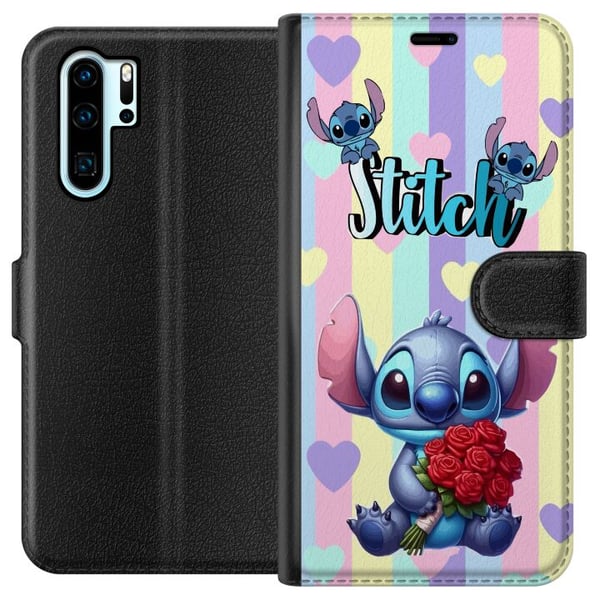 Yhteensopiva Lompakkokotelo Huawei P30 Pro Stitch ruusujen kanssa romanttisessa piirroskuvatyylissä raidallista taustaa vasten