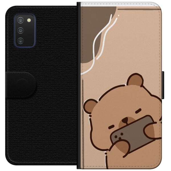 Kompatibelt Lommeboketui til Samsung Galaxy A03s Lazy Bear Chill Mode Søt bjørn som ligger med mobilen på beige bakgrunn i en rolig, avslappet stil