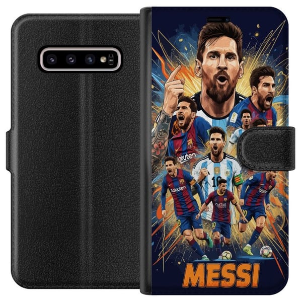 Kompatibelt Plånboksfodral till Samsung Galaxy S10+ Messi poster Argentina Barcelona fotboll legend GOAT World Cup number 10 soccer player retro art