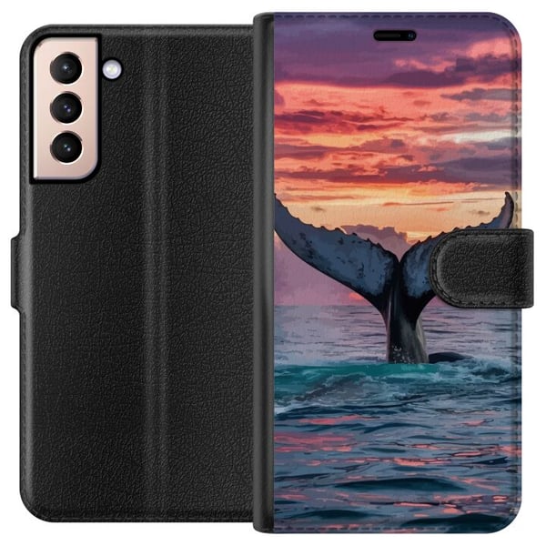 Yhteensopiva Lompakkokotelo Samsung Galaxy S21 Valaan pyrstö auringonlaskussa, trooppinen taivas ja tyyni meri – inspiroiva design, jossa on rauhalli
