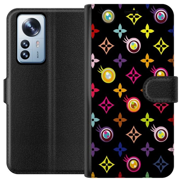 Yhteensopiva Lompakkokotelo Xiaomi 12 Pro Värikäs kuvio, jossa on geometrisia symboleja ja silmiä mustalla taustalla, pop art -design