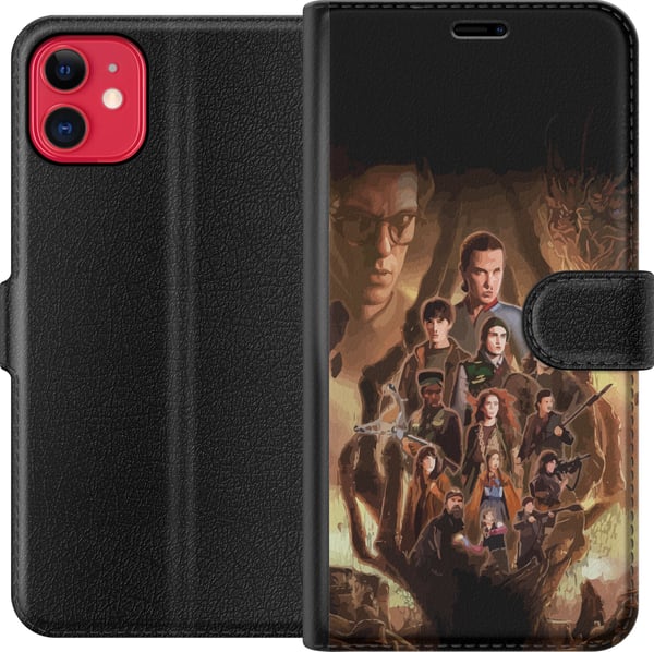 Kompatibelt Plånboksfodral till Apple iPhone 11 Stranger Things-gruppbild med hjältarna i mörk fantasymiljö och hotfull varelse