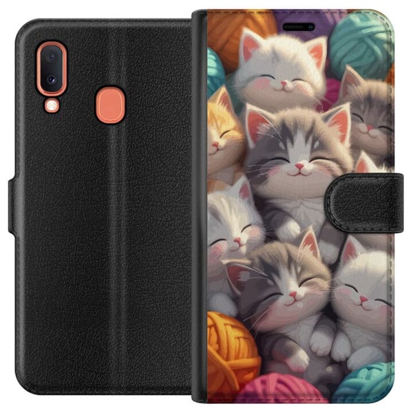Kompatibelt Plånboksfodral till Samsung Galaxy A20e Sovande kattungar ihopkurade bland färgglada garnnystan i mjuk illustration Kompatibelt Plånboksfodral till Samsung Galaxy A20e Sovande kattungar ihopkurade bland färgglada garnnystan i mjuk illustration