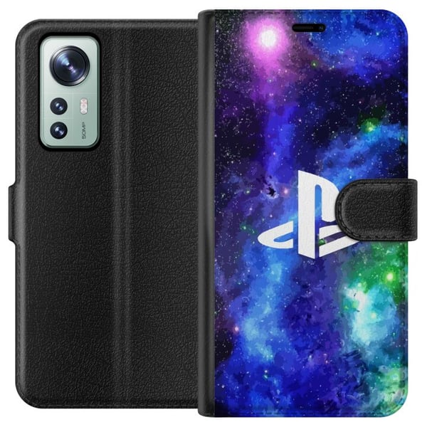 Yhteensopiva Lompakkokotelo Xiaomi 12 PlayStation-logo galaksitaustaa vasten kosminen pelidesign pelaajille ja konsolifaneille