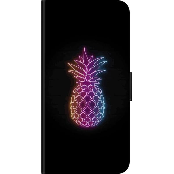 Kompatibelt Plånboksfodral till Samsung Galaxy A20s Neonillustration av ananas i färgglatt ljus mot svart bakgrund i lekfull design