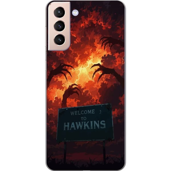 Yhteensopiva Puhelinkuori Samsung Galaxy S21 Apokalyptinen kohtaus, jossa on liekehtivä taivas ja Hawkins-kyltti Stranger Things -hengessä