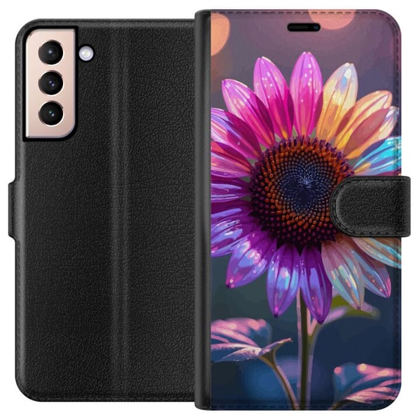 Kompatibelt Lommeboketui til Samsung Galaxy S21 Skinnende iriserende blomst i rosa, lilla og gull mot myk bokeh og lysglitter
