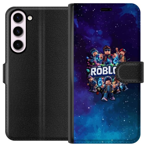 Kompatibel Tegnebogsetui til Samsung Galaxy S23+ Roblox-gamingdesign med avatarer, galaksebaggrund i blå og lilla nuancer, populær Roblox-stil, episk