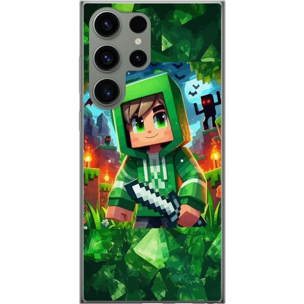 Kompatibel Mobilcover til Samsung Galaxy S23 Ultra Minecraft-gamerdreng i grøn hættetrøje – tegnet Minecraft-dreng med sværd, pixels og eventyrtema