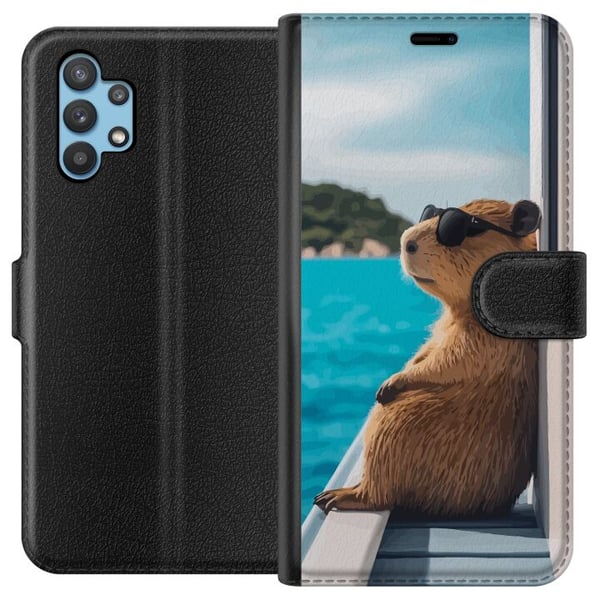 Kompatibelt Plånboksfodral till Samsung Galaxy A32 5G Kapybara vid havet med solglasögon humoristisk charmig design med avslappnad semesterkänsla