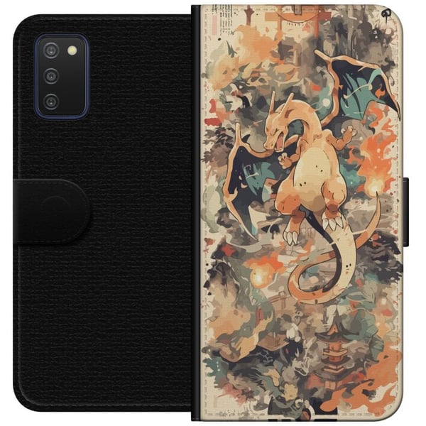 Kompatibelt Lommeboketui til Samsung Galaxy A03s Legenden om ilddragen, ildsprutende drage i japansk kunststil, vintageillustrasjon med templer og rø