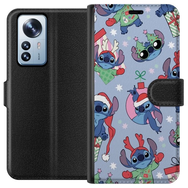 Kompatibelt Plånboksfodral till Xiaomi 12 Pro Disney Stitch Christmas pattern – söt Stitch juldesign med tomteluvor, renhorn och blå bakgrund