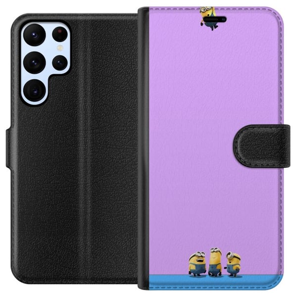Yhteensopiva Lompakkokotelo Samsung Galaxy S22 Ultra 5G Minions-kuvitus violetilla ja sinisellä taustalla, humoristinen elokuvateema hauskojen hahmoj
