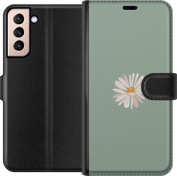 Kompatibelt Plånboksfodral till Samsung Galaxy S21 Grön Minimalblomma – stilren blomma på grön bakgrund