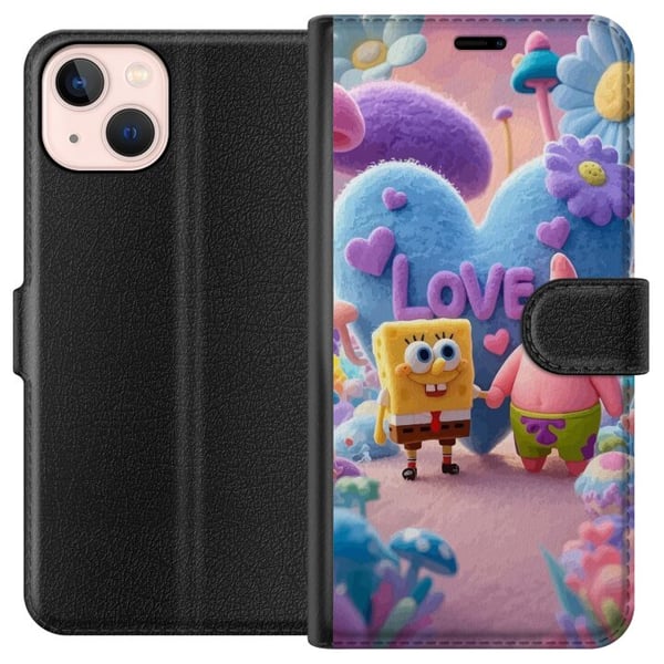 Kompatibelt Lommeboketui til Apple iPhone 13 mini Svampebob og Patrick kjærlighet fargerik pastellverden med hjerter blomster og vennskap i ekte gled Kompatibelt Lommeboketui til Apple iPhone 13 mini Svampebob og Patrick kjærlighet fargerik pastellverden med hjerter blomster og vennskap i ekte gled