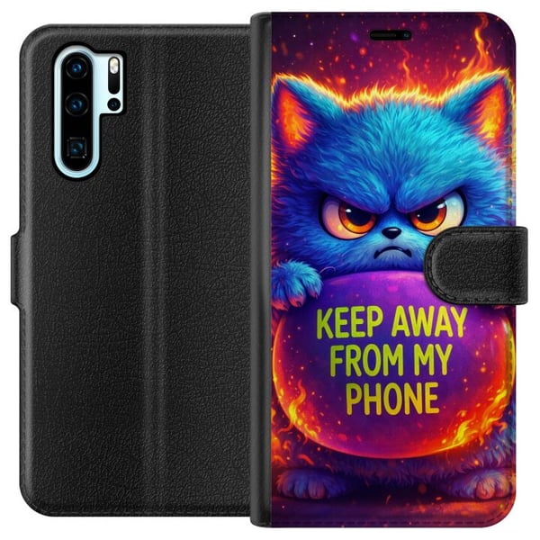 Yhteensopiva Lompakkokotelo Huawei P30 Pro Vihainen, pörröinen sininen kissa, jossa lukee Keep Away From My Phone, neonväreissä ja liekkimäisin tehos