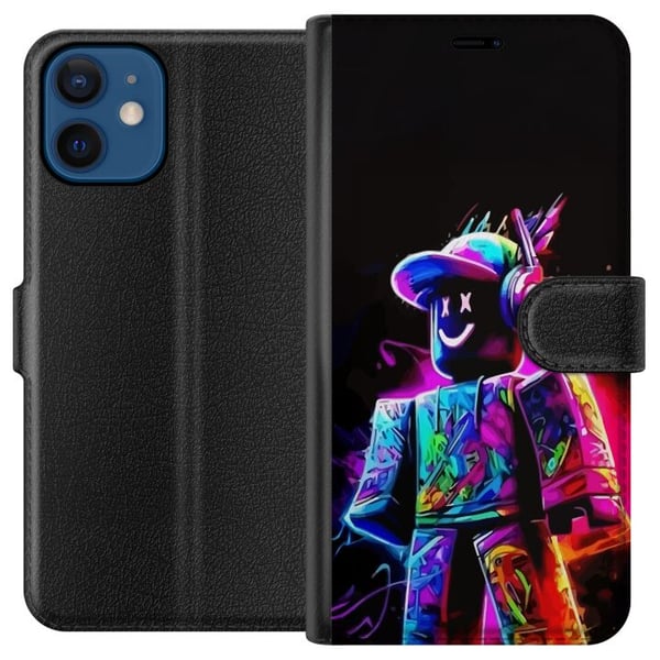 Yhteensopiva Lompakkokotelo Apple iPhone 12 mini Roblox Neon Player Värikäs Roblox-hahmo neonväreissä mustaa taustaa vasten modernissa pelityylissä