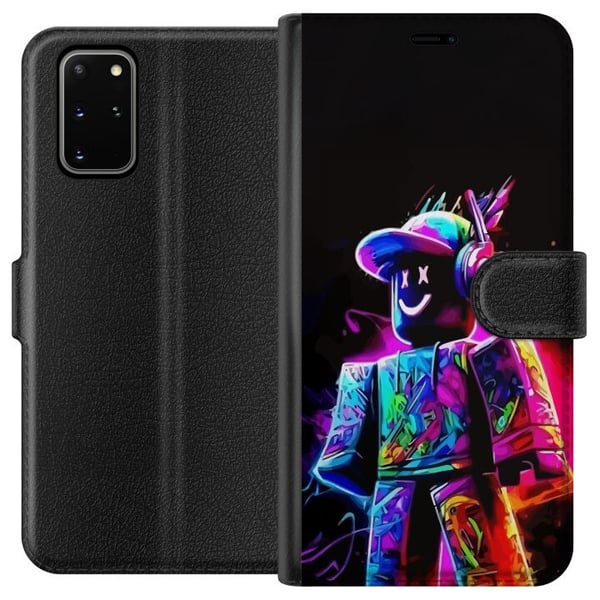 Kompatibelt Plånboksfodral till Samsung Galaxy S20+ Roblox Neon Player Färgstark Robloxfigur i neonfärger mot svart bakgrund i modern gamingstil