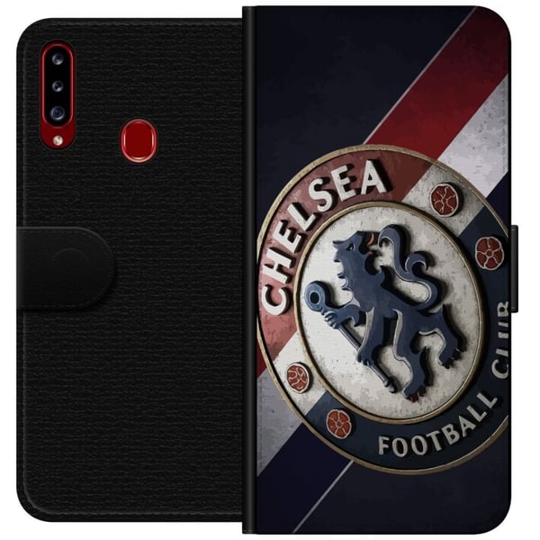 Kompatibelt Lommeboketui til Samsung Galaxy A20s Chelsea FC-emblem i 3D-stil med blå, hvite og røde detaljer som gir et kraftfullt, elegant sportsmot