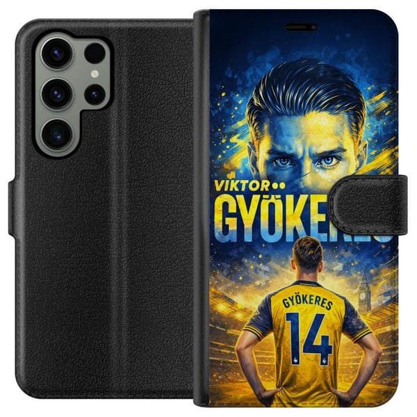 Kompatibel Tegnebogsetui til Samsung Galaxy S23 Ultra Fodboldplakat af Viktor Gyökeres i gul-blå farveskala med dramatisk stadionbaggrund, sportsillu