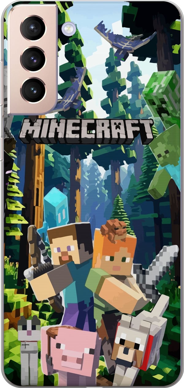 Kompatibelt Mobilskal till Samsung Galaxy S21 Minecraft mobilskal med skog och figurer i pixelstil