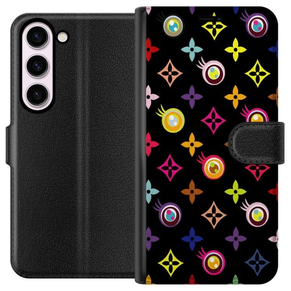 Kompatibel Tegnebogsetui til Samsung Galaxy S23 Farverigt mønster med geometriske symboler og øjne på sort baggrund pop art-design Kompatibel Tegnebogsetui til Samsung Galaxy S23 Farverigt mønster med geometriske symboler og øjne på sort baggrund pop art-design