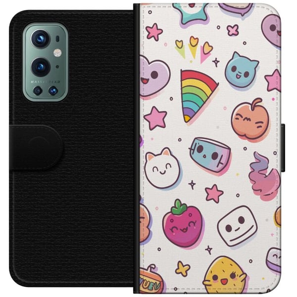 Kompatibelt Lommeboketui til OnePlus 9 Pro Kawaii-doodle-kollasj med søte figurer, frukter, stjerner, hjerter, pastellfarger og leken tegneserieestet