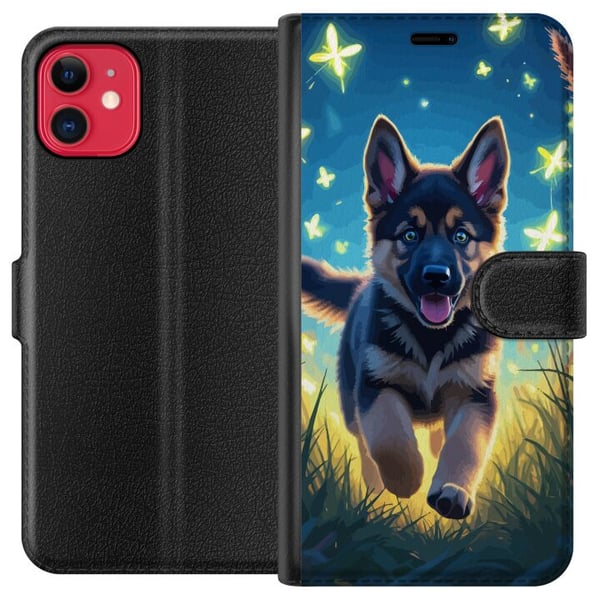 Kompatibelt Plånboksfodral till Apple iPhone 11 Valp german shepherd dog poster hund puppy springer äng fjärilar cute animal illustration night art