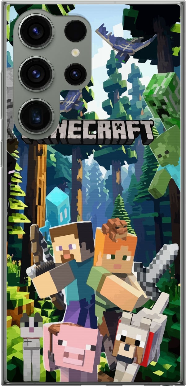 Yhteensopiva Puhelinkuori Samsung Galaxy S23 Ultra Minecraft-matkapuhelinkotelo metsällä ja pikselityylisillä hahmoilla
