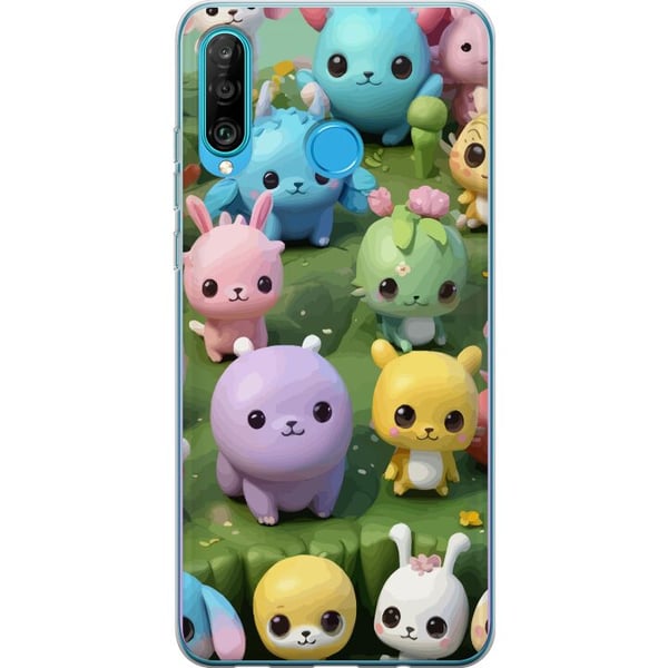 Kompatibelt Mobilskal till Huawei P30 lite Kawaii djur i pastell färgglada figurer på grön bakgrund lekfullt motiv för barn och unga vuxna