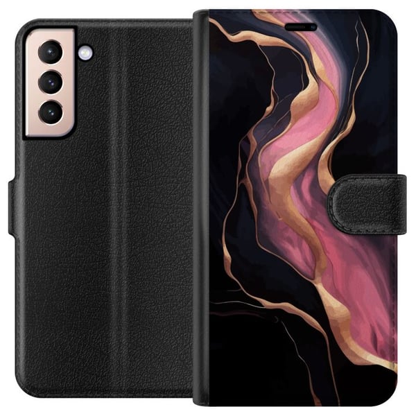 Kompatibelt Lommeboketui til Samsung Galaxy S21 Abstrakte bølger i svart med rosa striper og gullfargede kanter som flytende marmor mot mørk bakgrunn