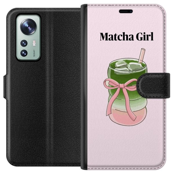 Kompatibel Tegnebogsetui til Xiaomi 12 Matcha Girl-illustration – kawaii-inspireret te-design med lyserød sløjfe